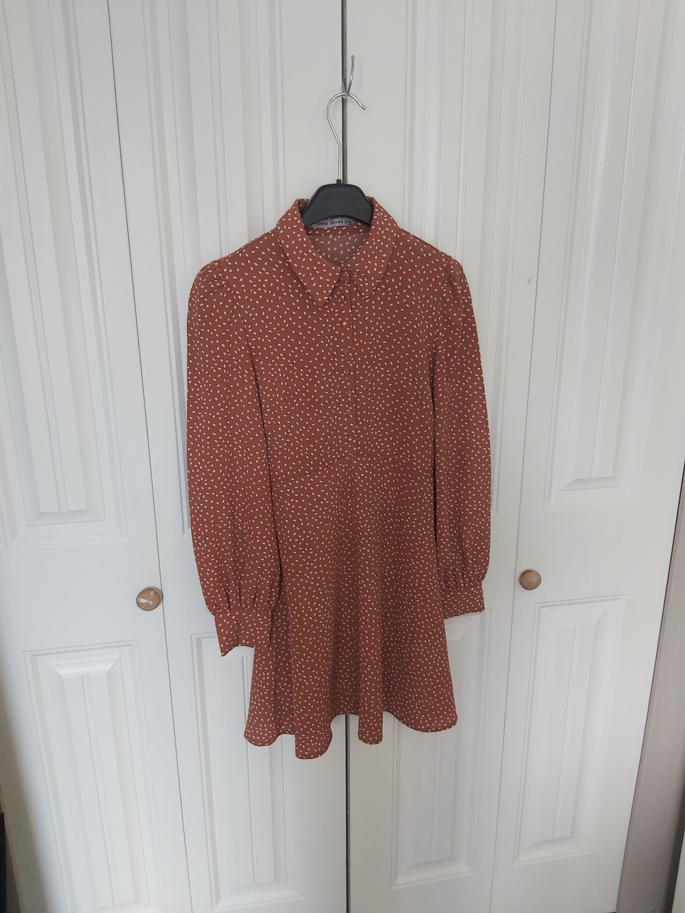 Women’s Rust Brown Polka Dot Long Sleeve Shirt Dress